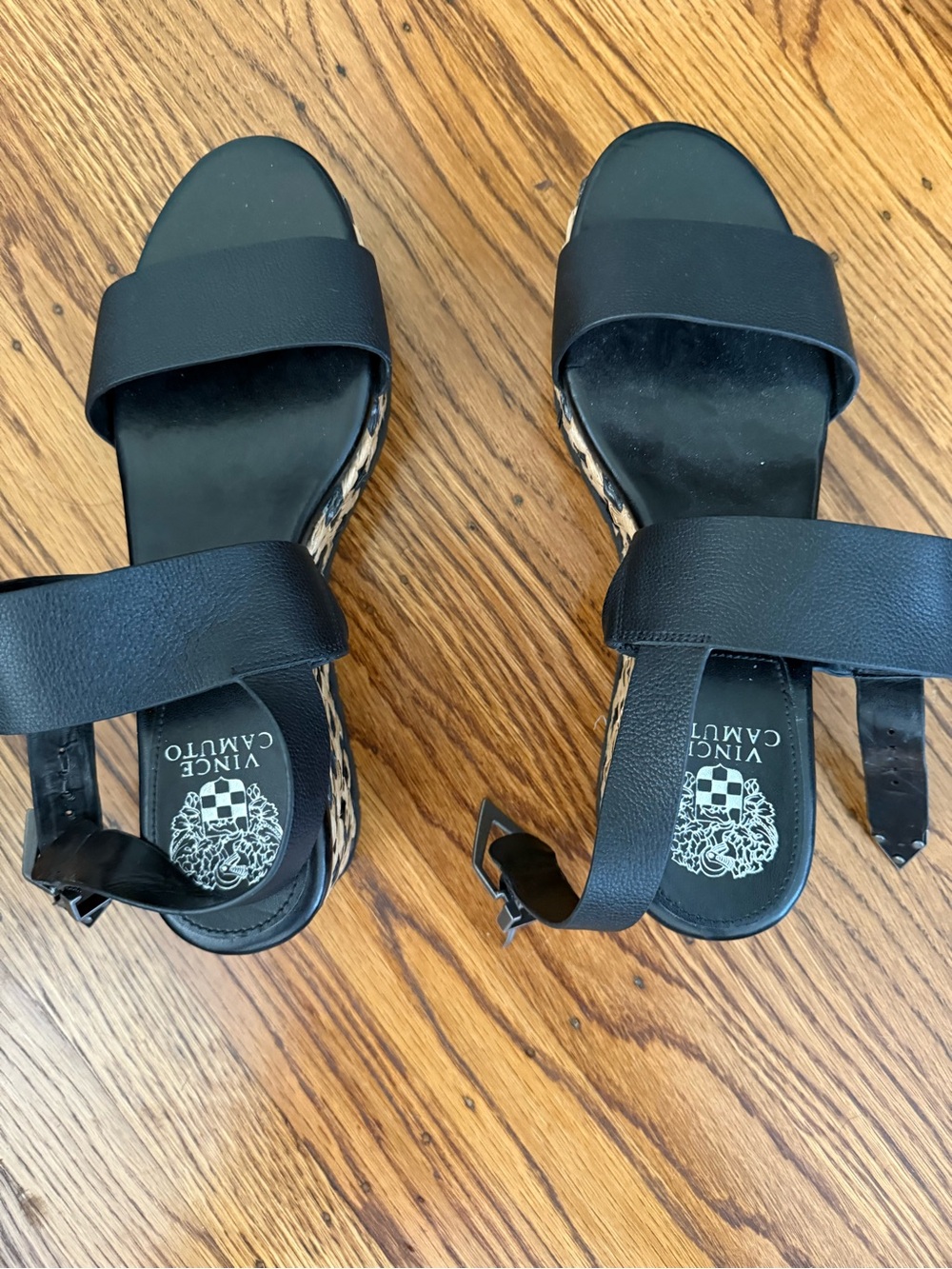 Vince Camuto Black Two-Strap Sandals with Leopard Trim